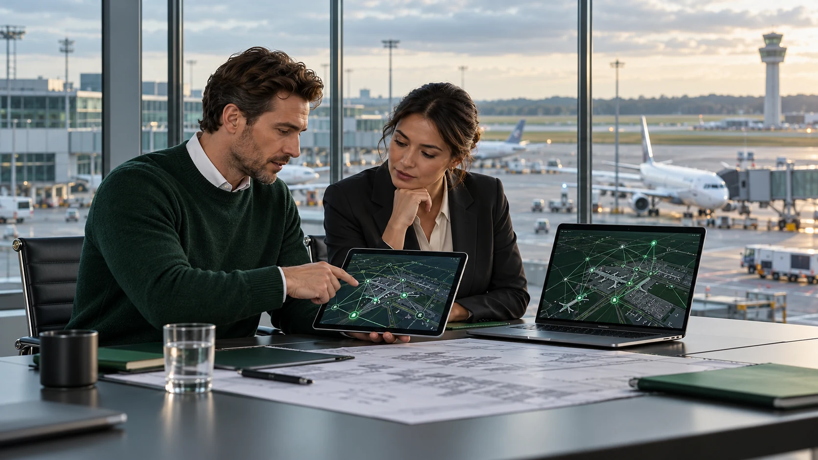 Airport consultant and operations manager reviewing a cyber security network plan