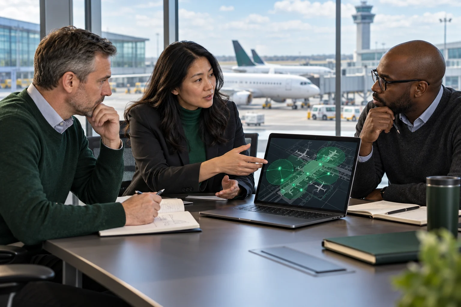 Aviation cyber security professionals discussing architecture and risk in a small-group workshop