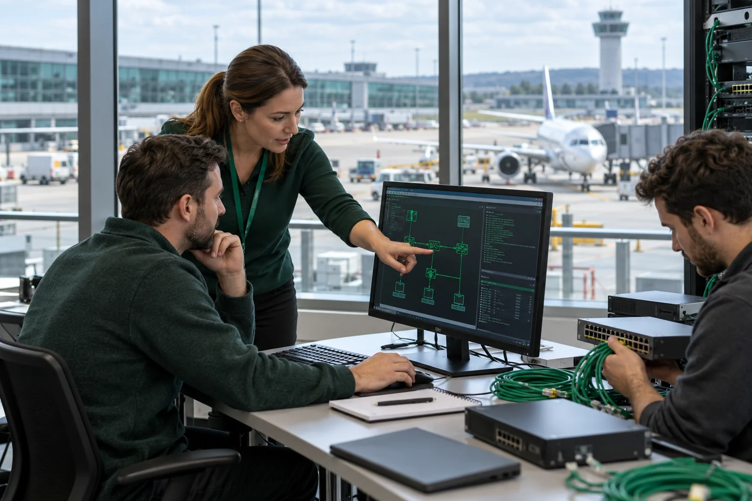 Instructor guiding airport IT practitioners through hands-on network security training