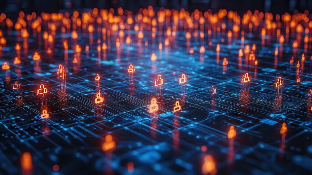 Futuristic blue circuit board pattern with numerous illuminated orange icons representing people or locks, some tilted, suggesting a dynamic digital network
